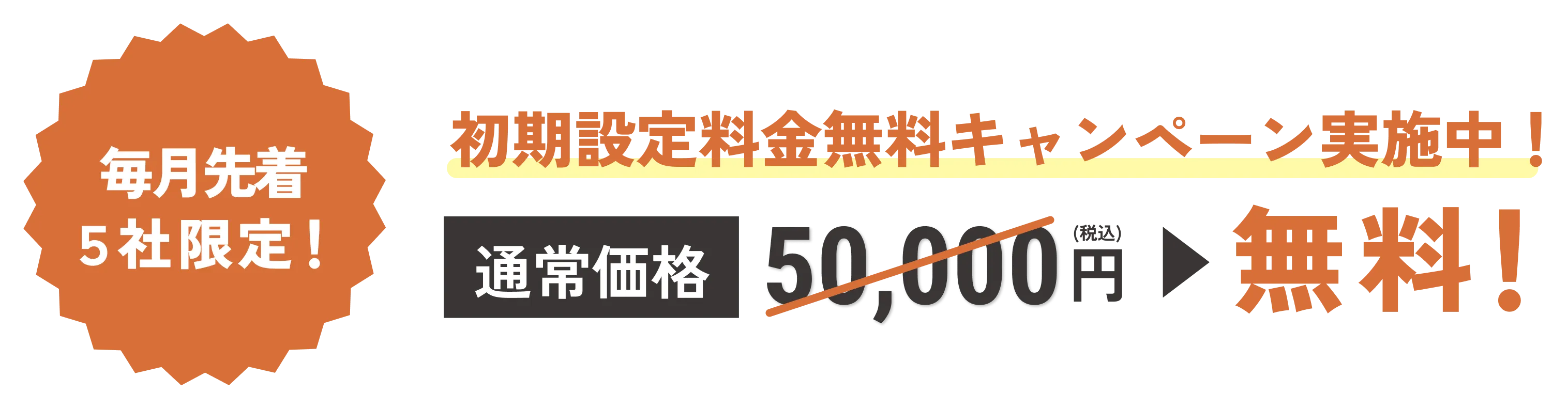 毎月先着5社限定!初期設定料金無料キャンペーン実施中!通常50000円が無料に!